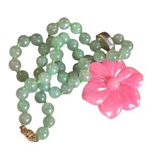 GSJ Jadite Beaded Necklace Hawaiian Jadite Pink Flower Pendant Sterling